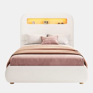 Cama estofada individual para criança 90x200 cm - cama hidráulica com base de ripas, cabeceira, amplo espaço de arrumação, iluminação LED, pés em madeira maciça, tecido bouclé - branco