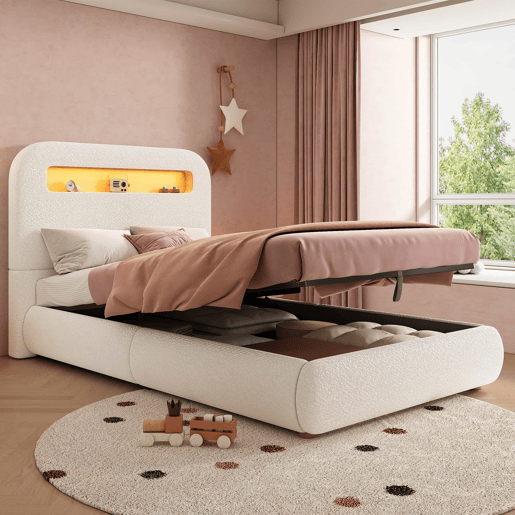 Cama estofada individual para criança 90x200 cm - cama hidráulica com base de ripas, cabeceira, amplo espaço de arrumação, iluminação LED, pés em madeira maciça, tecido bouclé - branco