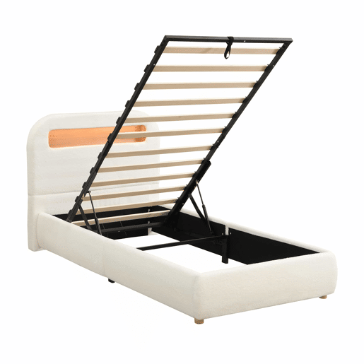 Cama estofada individual para criança 90x200 cm - cama hidráulica com base de ripas, cabeceira, amplo espaço de arrumação, iluminação LED, pés em madeira maciça, tecido bouclé - branco
