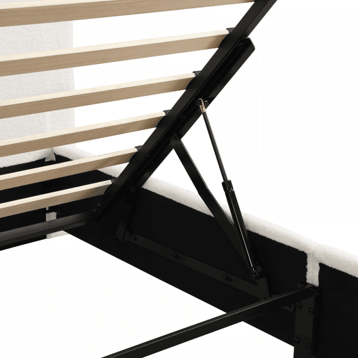 Cama estofada individual para criança 90x200 cm - cama hidráulica com base de ripas, cabeceira, amplo espaço de arrumação, iluminação LED, pés em madeira maciça, tecido bouclé - branco