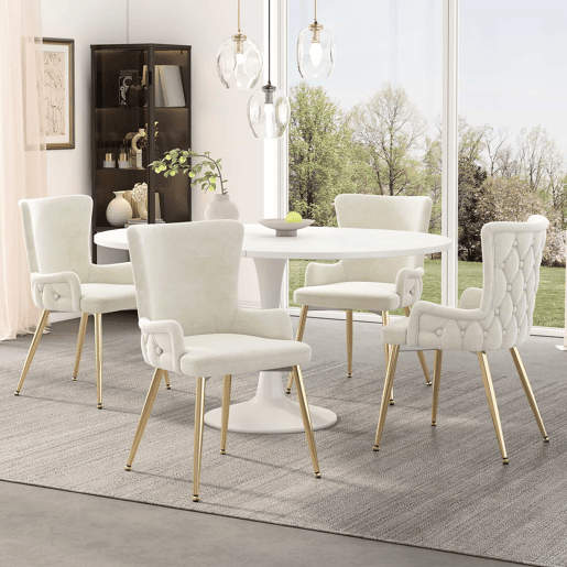 Cadeira de jantar em veludo 2er Set - luxuosa poltrona para sala de estar e quarto com pernas metálicas douradas - Bege