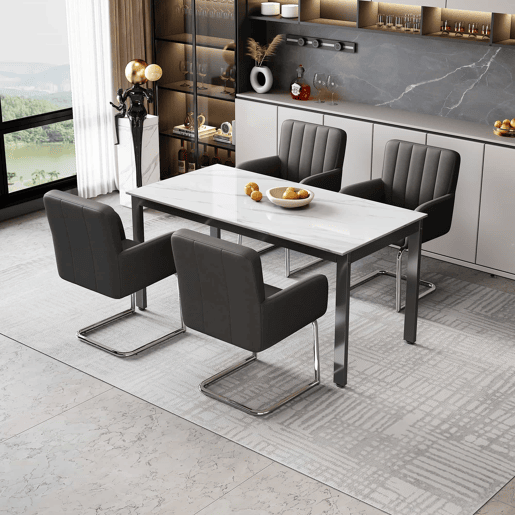 Conjunto de 6 cadeiras de jantar (6 unidades) u2013 riscas verticais, assento almofadado, pés metálicos em ziguezague, couro sintético, estilo lounge u2013 Preto