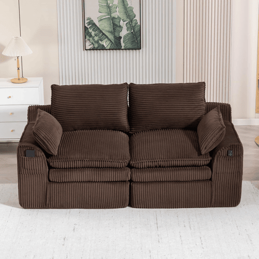 Sofá modular de veludo cotelê de 2 lugares - com almofadas e dois bolsos laterais de tamanhos diferentes, espuma de 3 camadas + núcleo de molas para recuperação rápida - castanho