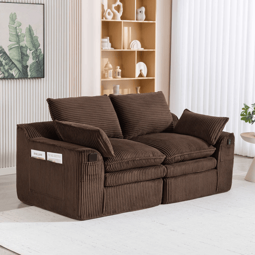 Sofá modular de veludo cotelê de 2 lugares - com almofadas e dois bolsos laterais de tamanhos diferentes, espuma de 3 camadas + núcleo de molas para recuperação rápida - castanho