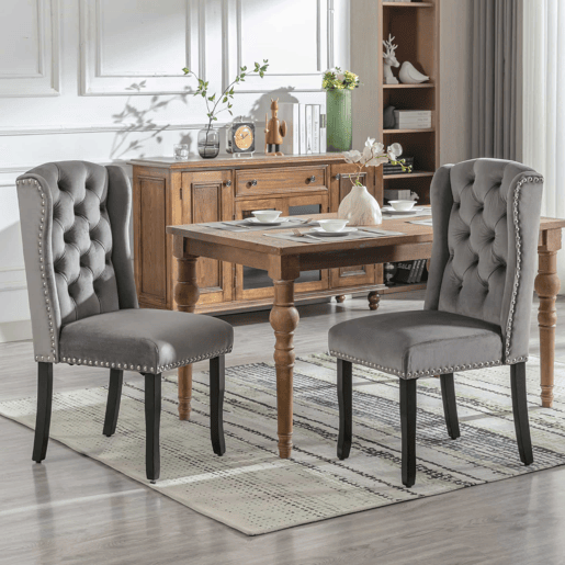 Conjunto de 2 cadeiras de veludo com pernas de carvalho - decoradas com rebites - Cinzento