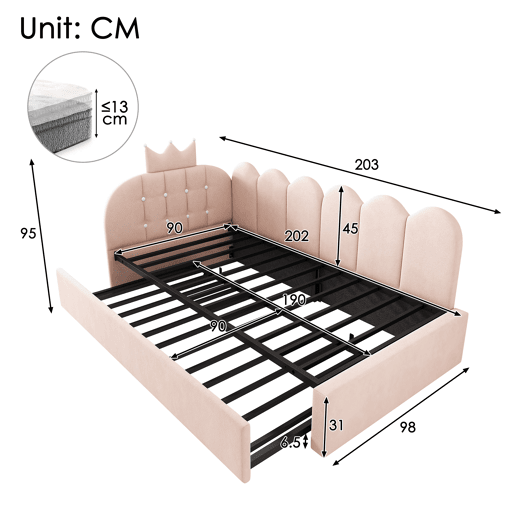 Cama gavetão de veludo 90x200 cm,rosa