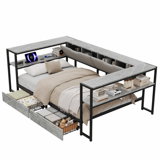 Cama estofada, sofá-cama, cama de dia para jovens, 90x200 - com porta de carregamento USB e Type-C, 2 gavetas, base de lâminas metálicas - cinzenta