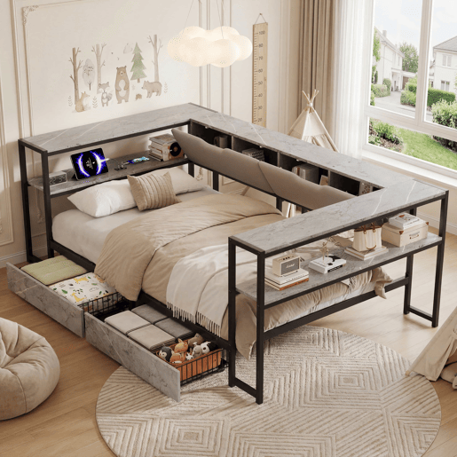 Cama estofada, sofá-cama, cama de dia para jovens, 90x200 - com porta de carregamento USB e Type-C, 2 gavetas, base de lâminas metálicas - cinzenta