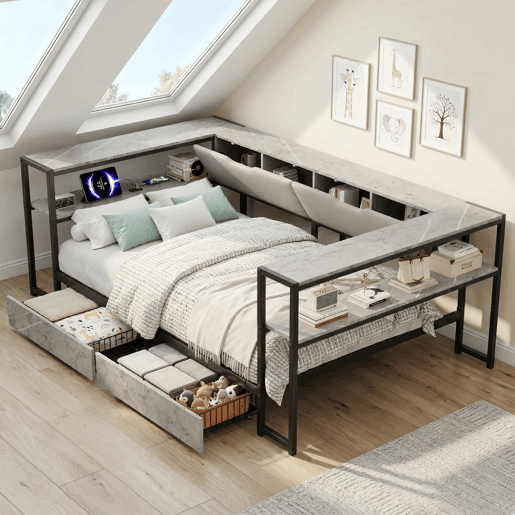 Cama estofada, sofá-cama, cama de dia para jovens, 90x200 - com porta de carregamento USB e Type-C, 2 gavetas, base de lâminas metálicas - cinzenta