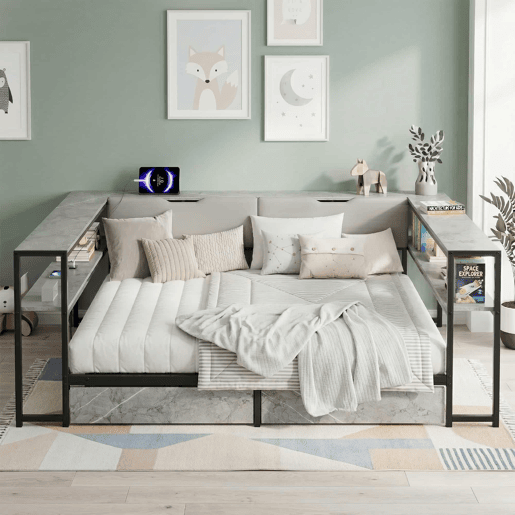 Cama estofada, sofá-cama, cama de dia para jovens, 90x200 - com porta de carregamento USB e Type-C, 2 gavetas, base de lâminas metálicas - cinzenta