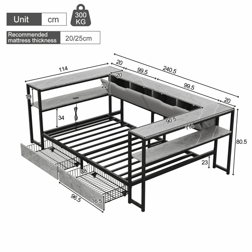 Cama estofada, sofá-cama, cama de dia para jovens, 90x200 - com porta de carregamento USB e Type-C, 2 gavetas, base de lâminas metálicas - cinzenta