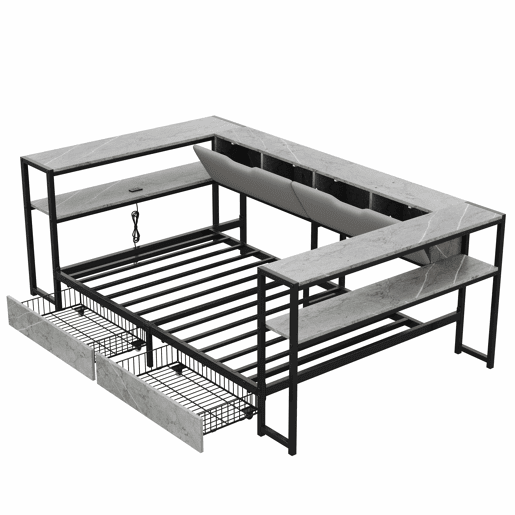 Cama estofada, sofá-cama, cama de dia para jovens, 90x200 - com porta de carregamento USB e Type-C, 2 gavetas, base de lâminas metálicas - cinzenta