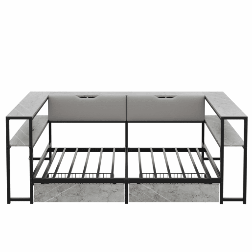 Cama estofada, sofá-cama, cama de dia para jovens, 90x200 - com porta de carregamento USB e Type-C, 2 gavetas, base de lâminas metálicas - cinzenta