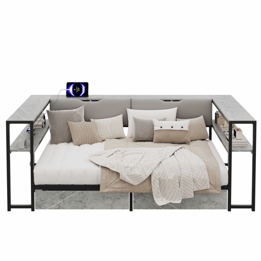 Cama estofada, sofá-cama, cama de dia para jovens, 90x200 - com porta de carregamento USB e Type-C, 2 gavetas, base de lâminas metálicas - cinzenta