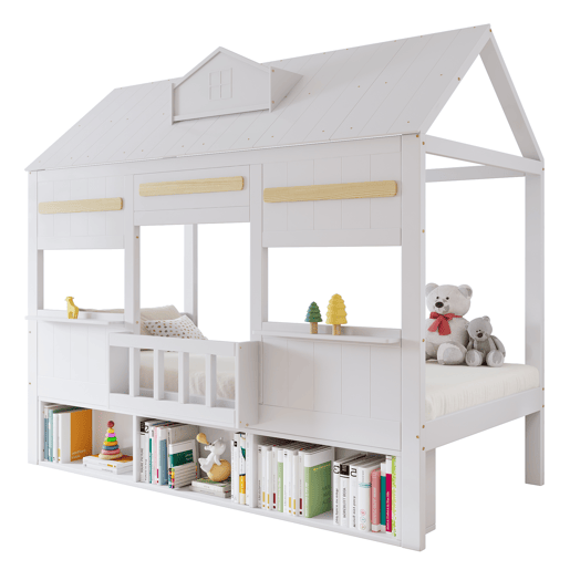 Cama de criança,cama-casa de madeira maciça 90x200 cm,branco