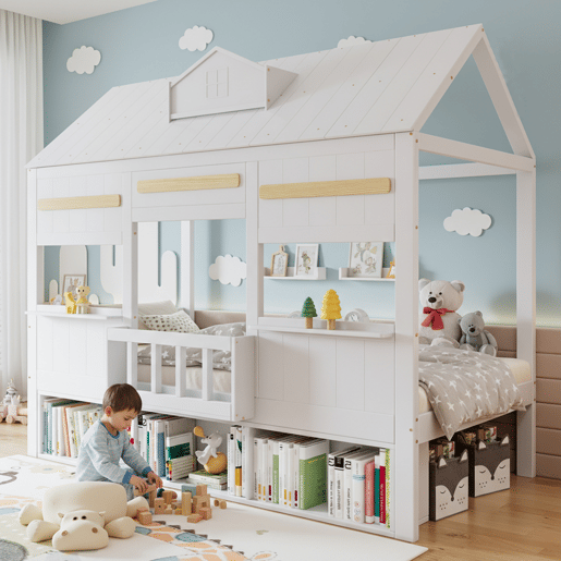 Cama de criança,cama-casa de madeira maciça 90x200 cm,branco