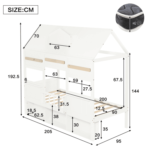 Cama de criança,cama-casa de madeira maciça 90x200 cm,branco