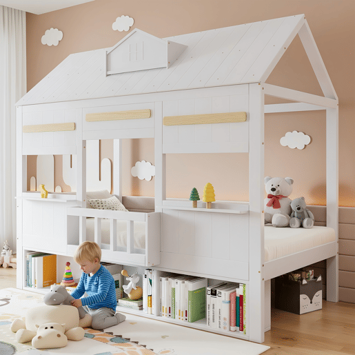 Cama de criança,cama-casa de madeira maciça 90x200 cm,branco
