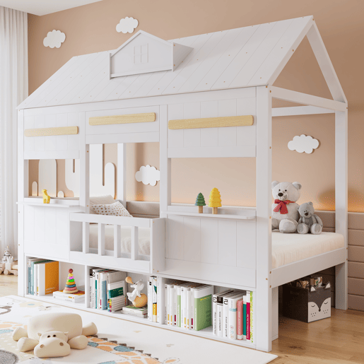 Cama de criança,cama-casa de madeira maciça 90x200 cm,branco