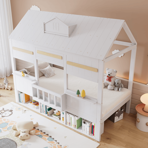 Cama de criança,cama-casa de madeira maciça 90x200 cm,branco