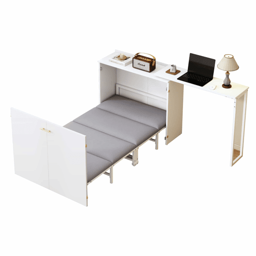 Cama dobrável 90x200 - com secretária giratória, colchão e rodízios, ideal para espaços pequenos, hóspedes e escritório em casa - branco