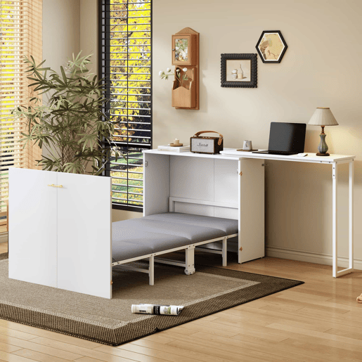 Cama dobrável 90x200 - com secretária giratória, colchão e rodízios, ideal para espaços pequenos, hóspedes e escritório em casa - branco