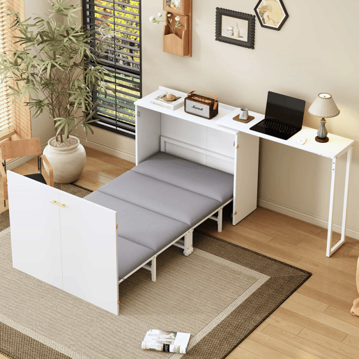 Cama dobrável 90x200 - com secretária giratória, colchão e rodízios, ideal para espaços pequenos, hóspedes e escritório em casa - branco