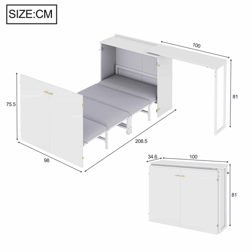 Cama dobrável 90x200 - com secretária giratória, colchão e rodízios, ideal para espaços pequenos, hóspedes e escritório em casa - branco