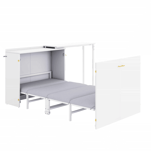 Cama dobrável 90x200 - com secretária giratória, colchão e rodízios, ideal para espaços pequenos, hóspedes e escritório em casa - branco