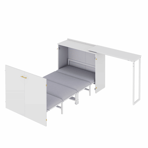 Cama dobrável 90x200 - com secretária giratória, colchão e rodízios, ideal para espaços pequenos, hóspedes e escritório em casa - branco