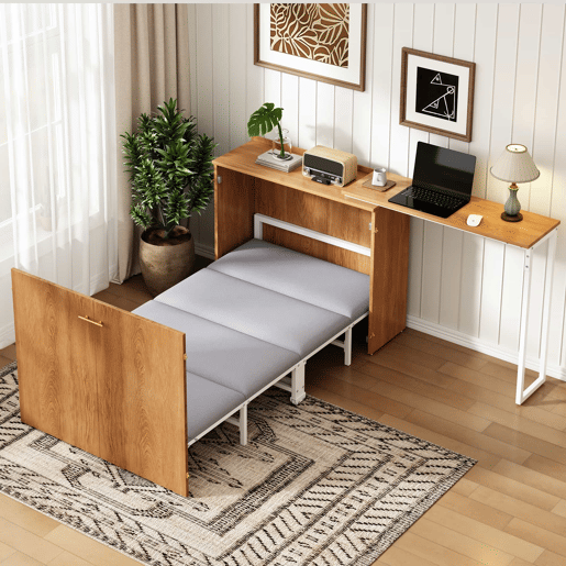 Cama dobrável com secretária giratória e colchão - cama-armário com rodas, ideal para espaços pequenos, quartos de hóspedes e escritórios em casa - Natural
