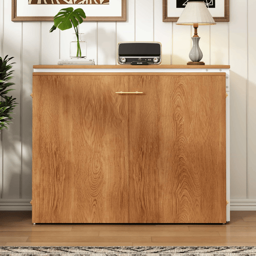 Cama dobrável com secretária giratória e colchão - cama-armário com rodas, ideal para espaços pequenos, quartos de hóspedes e escritórios em casa - Natural