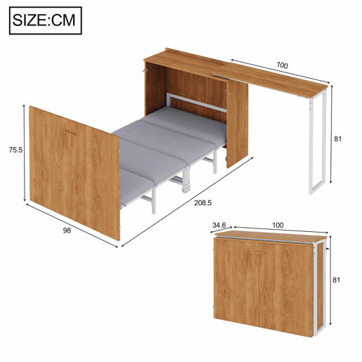 Cama dobrável com secretária giratória e colchão - cama-armário com rodas, ideal para espaços pequenos, quartos de hóspedes e escritórios em casa - Natural