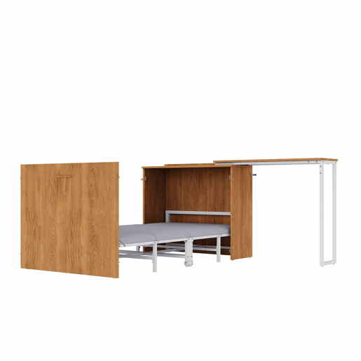 Cama dobrável com secretária giratória e colchão - cama-armário com rodas, ideal para espaços pequenos, quartos de hóspedes e escritórios em casa - Natural