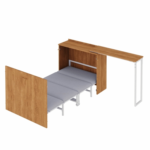 Cama dobrável com secretária giratória e colchão - cama-armário com rodas, ideal para espaços pequenos, quartos de hóspedes e escritórios em casa - Natural