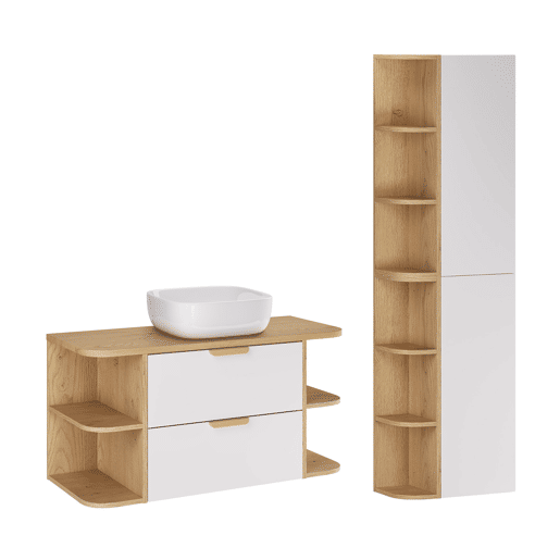 Móvel de lavatório simples Oria branco mate de 100 cm com nichos arredondados e pedestal