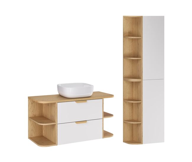 Mueble de lavabo de con nichos redondeados y columna Oria 100