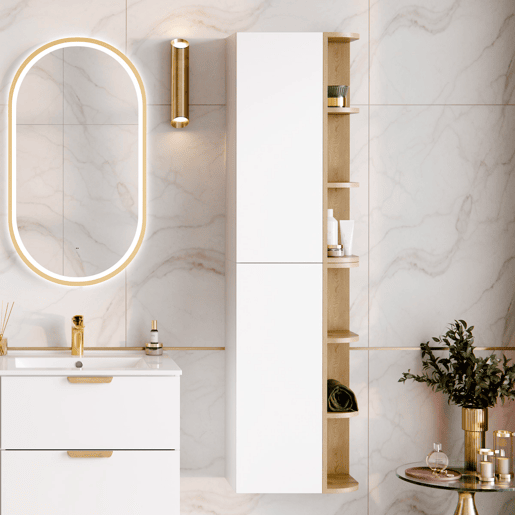 Móvel de lavatório simples Oria branco mate de 100 cm com nichos arredondados e pedestal