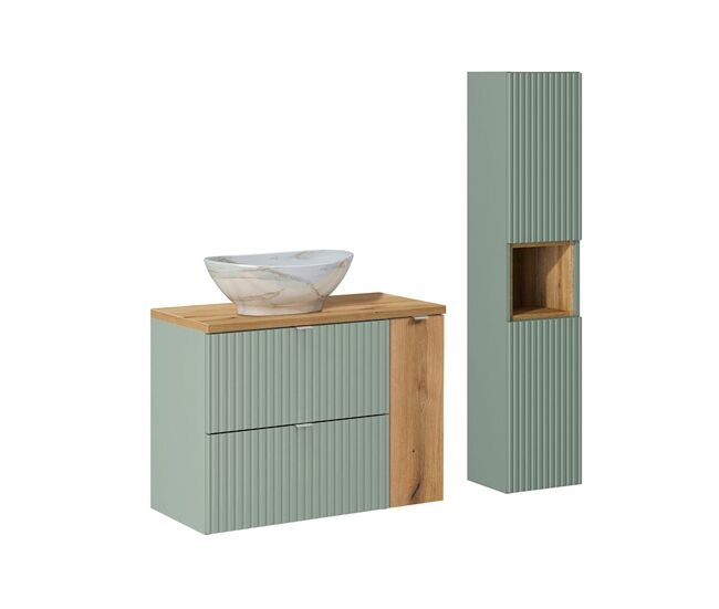 Mueble lavabo 80cm con pedestal jade verde y madera