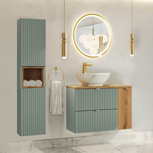 Conjunto móvel lavatório simples 80 cm e coluna Verde Jade madeira
