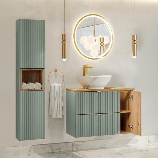 Conjunto móvel lavatório simples 80 cm e coluna Verde Jade madeira