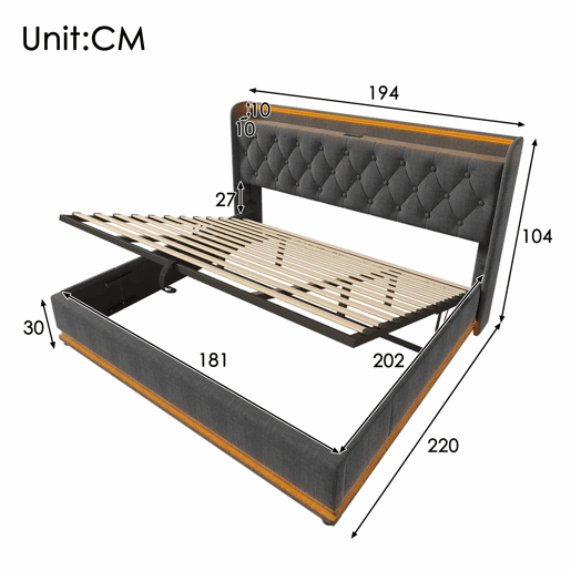 Cama estofada 180x200 cm - LED com comando à distância e aplicação, arrumação hidráulica, cabeceira almofadada com porta USB-C - Cinza