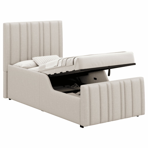 Cama individual estofada para criança 90x200 cm - cama com sistema hidráulico, base de lâminas, cabeceira acolchoada, amplo espaço de arrumação - bege