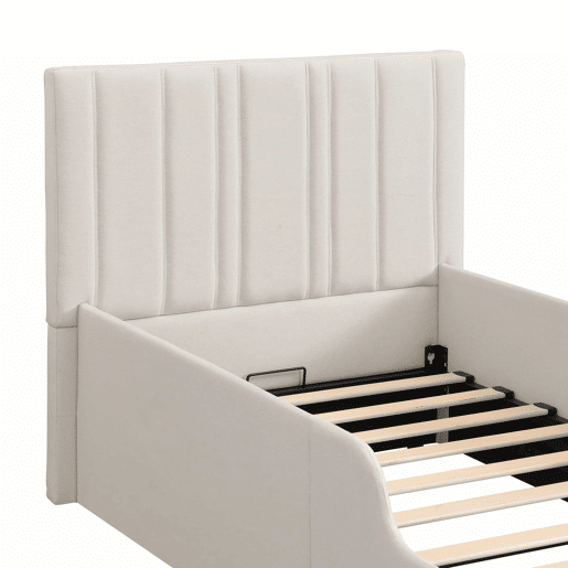 Cama individual estofada para criança 90x200 cm - cama com sistema hidráulico, base de lâminas, cabeceira acolchoada, amplo espaço de arrumação - bege