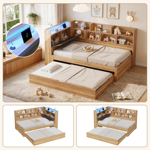 Cama gavetão de mdf 90x200 cm com luz led,natural