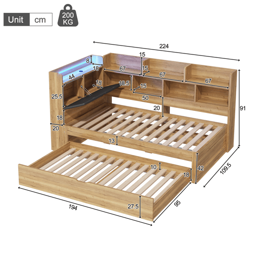 Cama gavetão de mdf 90x200 cm com luz led,natural