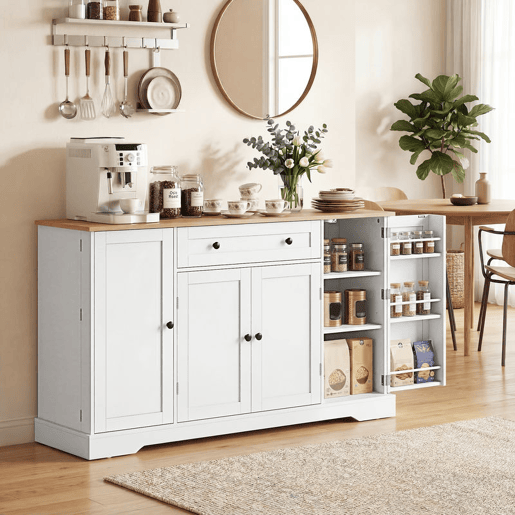 HOMCOM Aparador, Armário de Cozinha Moderno com Gaveta Prateleiras nas Portas Prateleiras Ajustáveis Bar de Café Aparador para Cozinha Sala de Jantar 138x40x83,5 cm Branco