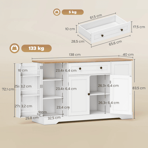 HOMCOM Aparador, Armário de Cozinha Moderno com Gaveta Prateleiras nas Portas Prateleiras Ajustáveis Bar de Café Aparador para Cozinha Sala de Jantar 138x40x83,5 cm Branco