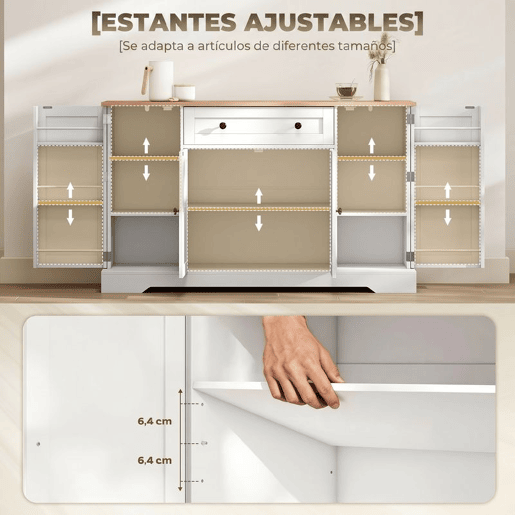 HOMCOM Aparador, Armário de Cozinha Moderno com Gaveta Prateleiras nas Portas Prateleiras Ajustáveis Bar de Café Aparador para Cozinha Sala de Jantar 138x40x83,5 cm Branco