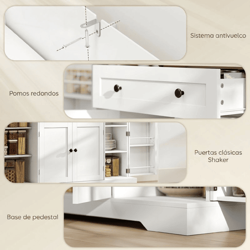 HOMCOM Aparador, Armário de Cozinha Moderno com Gaveta Prateleiras nas Portas Prateleiras Ajustáveis Bar de Café Aparador para Cozinha Sala de Jantar 138x40x83,5 cm Branco